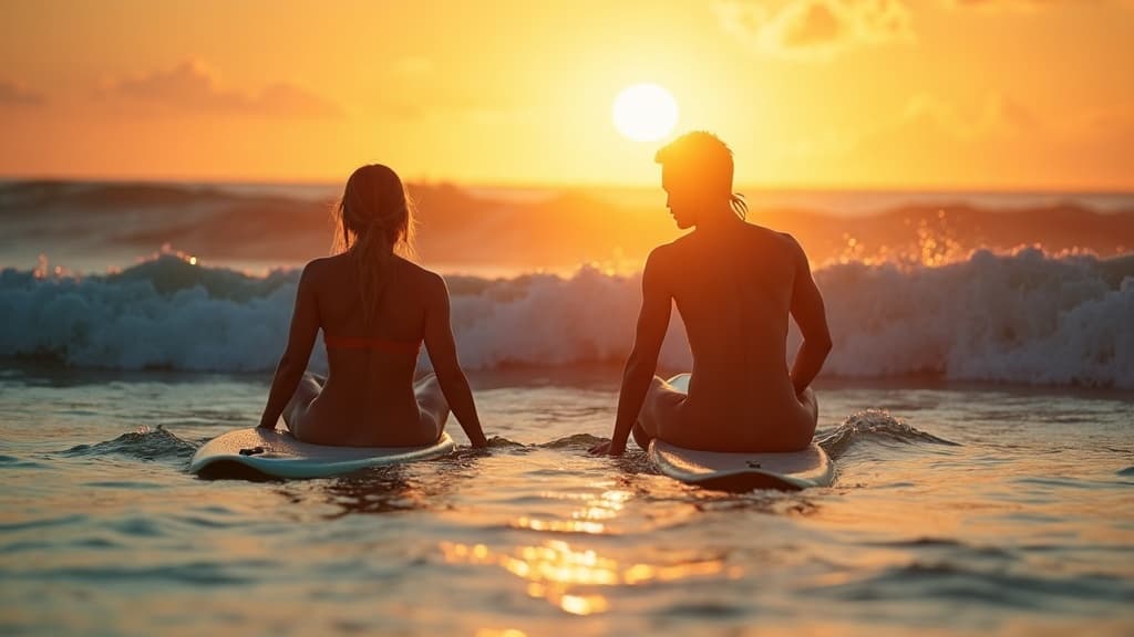 Two surfers sitting on their boards in the lineup at golden hour