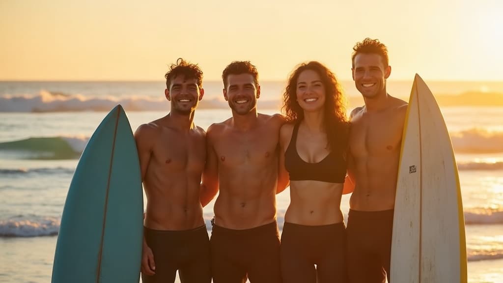 The WaveRider coaching team standing with surfboards on the beach
