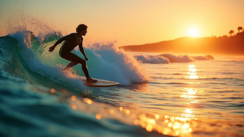Surfer riding a glassy golden-hour wave off the Santa Cruz coast
